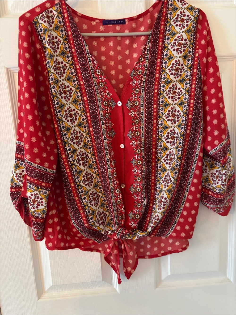 West Kei Red Boho Tie-Front Blouse with Border Print